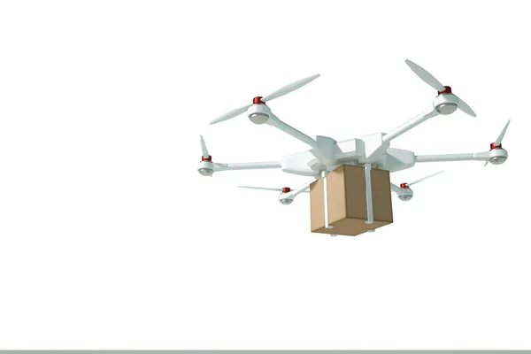 Drone Volante Bianco Con Una Scatola Cartone Isolata Sfondo Bianco — Foto Stock