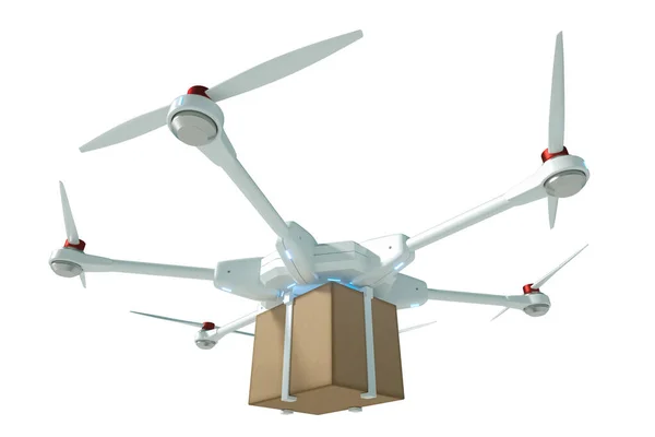 Drone Volant Blanc Avec Une Boîte Carton Isolé Sur Fond — Photo
