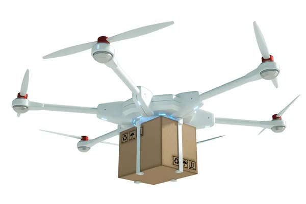 Drone Volante Bianco Con Una Scatola Cartone Isolata Sfondo Bianco — Foto Stock