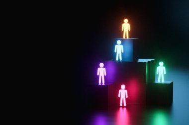 Koyu arkaplan üzerinde beş renkli insan işçisinin çalışma ikonundan oluşan bir çalışma grubu. Takım oluşturma, kültürel çeşitlilik, personel kararları. 3B görüntüleme, 3D resimleme, kopyalama alanı