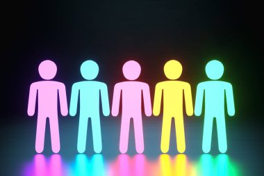 Koyu arkaplan üzerinde beş renkli insan işçisinin çalışma ikonundan oluşan bir çalışma grubu. Takım oluşturma, kültürel çeşitlilik, personel kararları. 3B görüntüleme, 3D resimleme, kopyalama alanı