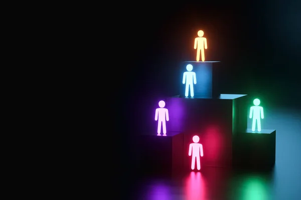 Koyu arkaplan üzerinde beş renkli insan işçisinin çalışma ikonundan oluşan bir çalışma grubu. Takım oluşturma, kültürel çeşitlilik, personel kararları. 3B görüntüleme, 3D resimleme, kopyalama alanı