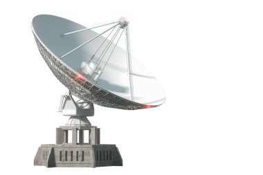 White radio telescope, a large satellite dish isolated on a white background. Technology concept, search for extraterrestrial life, wiretap of space. 3D rendering, 3D visualization, 3D illustration clipart