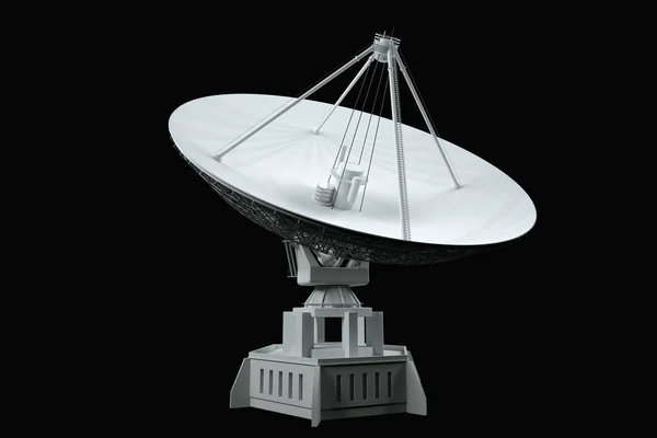 白色射电望远镜 大型卫星天线 雷达隔离在黑色背景 技术概念 探索外星生命 窃听太空 3D渲染 3D可视化 3D插图 — 图库照片