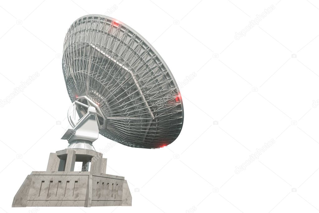 White radio telescope, a large satellite dish isolated on a white background. Technology concept, search for extraterrestrial life, wiretap of space. 3D rendering, 3D visualization, 3D illustration