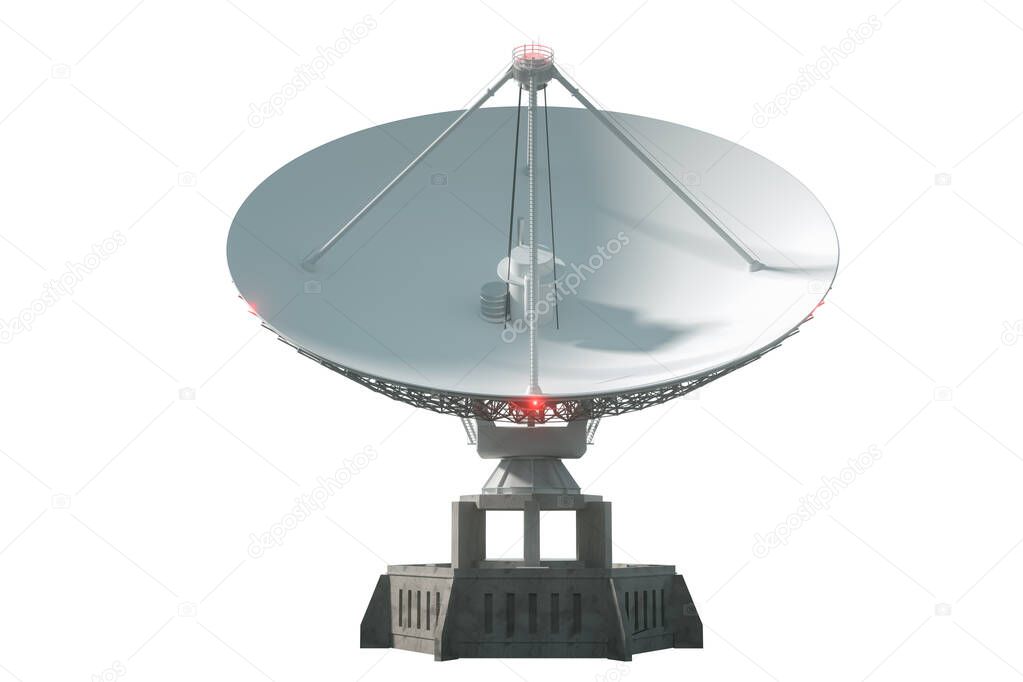 White radio telescope, a large satellite dish isolated on a white background. Technology concept, search for extraterrestrial life, wiretap of space. 3D rendering, 3D visualization, 3D illustration