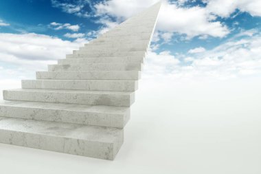 Doğruca gökyüzüne çıkan beton merdiven. Kariyer merdiveni konsepti, işte terfi, hedefe giden yol. Karışık ortam