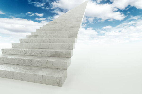 Бетонная лестница, ведущая прямо в небо. Концепция карьерной лестницы, продвижение на работу, путь к цели. Смешанная среда

