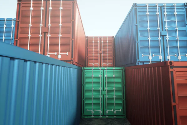 Sea containers against the blue sky, industrial port with containers. Logistics concept, fast delivery. mixed media, copy space