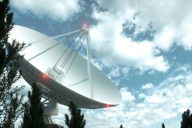 Beyaz Teleskop, mavi gökyüzünün arka planında büyük bir uydu anteni, radar. Teknoloji kavramı, dünya dışı yaşam arayışı, uzayın dinlenmesi. Karışık ortam, kopyalama alanı