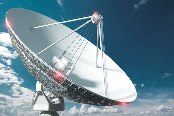 白色射电望远镜 一个蓝天背景的大型卫星天线 技术概念 探索外星生命 窃听太空 混合介质 复制空间 — 图库照片