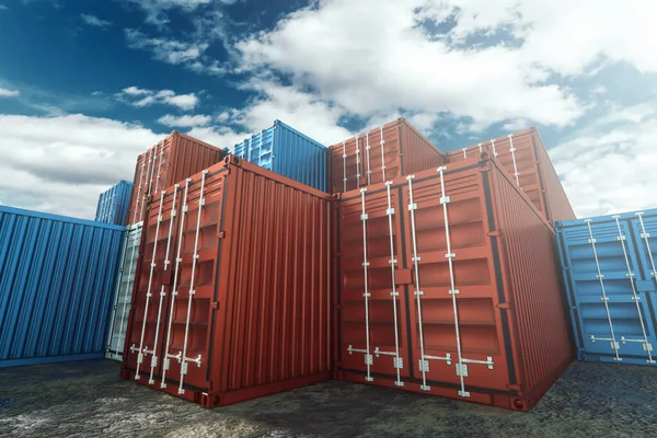 Sea containers against the blue sky, industrial port with containers. Logistics concept, fast delivery. mixed media, copy space