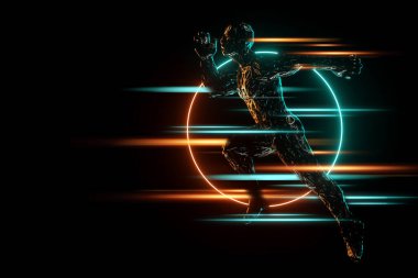 Spor geçmişi, koşan bir adam figürü, neon arka planda, koyu arkaplanda. Spor eğitimi, sağlıklı yaşam tarzı, rekabet, 3 boyutlu çizim, 3 boyutlu illüstrasyon, kopya alanı