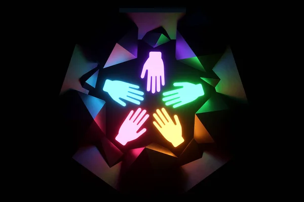 Inclusion, team of workers five multi-colored hand icons on a dark background, neon light. Team building cultural diversity staffing decisions. 3D render, 3D illustration, copy space