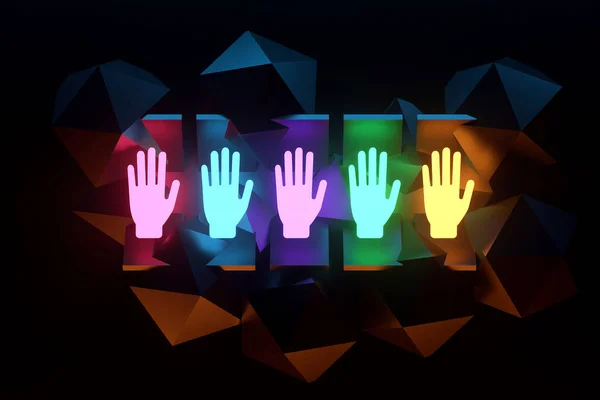 インクルード 暗い背景に労働者の5つの多色の手のアイコンのチームは ネオンライト チームは文化多様性人材の決定を構築する 3Dレンダリング 3Dイラスト コピースペース — ストック写真