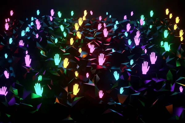 Inclusion, Many multi-colored icons of hands on a dark background, society, neon light. Team building, cultural diversity, protest, revolution, herd instinct. 3D render, 3D illustration, copy space