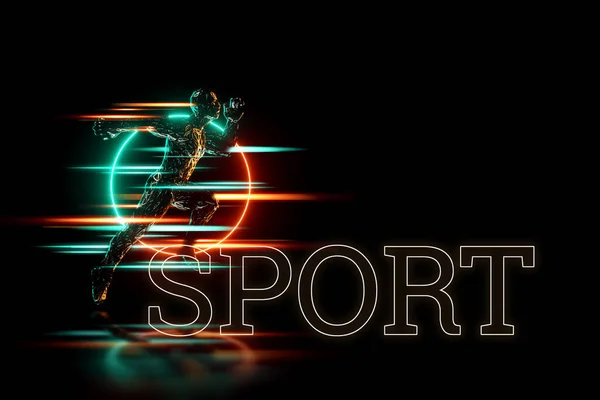 Sport Háttér Egy Férfi Alakja Futó Pózban Neon Háttérrel Sötét — Stock Fotó