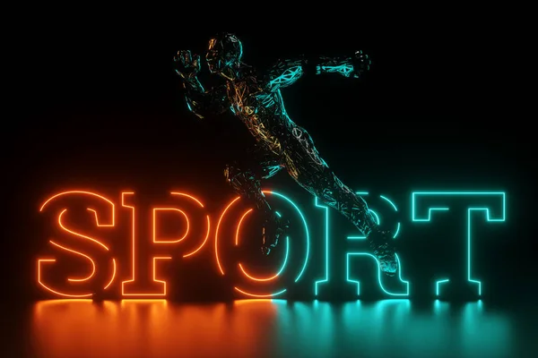 Sport Háttér Egy Férfi Alakja Futó Pózban Neon Háttérrel Sötét — Stock Fotó