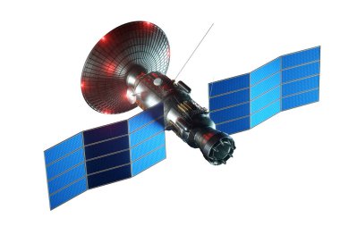 Beyaz arka planda izole edilmiş anten ve güneş panelleri olan uzay uydusu. Telekomünikasyon, yüksek hızlı internet, ses, uzay keşfi. 3B görüntüleme, 3D resimleme, kopyalama alanı