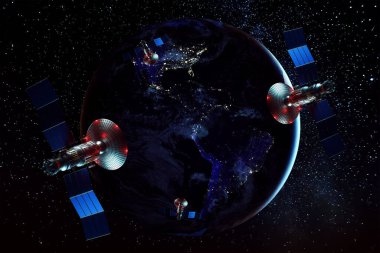 Uzayda anten ve güneş panelleri olan uzay uydusu dünyanın arka planına karşı. Telekomünikasyon, yüksek hızlı internet, uzay keşfi. Karışık ortam, kopyalama alanı. Görüntü NASA tarafından desteklenmektedir.