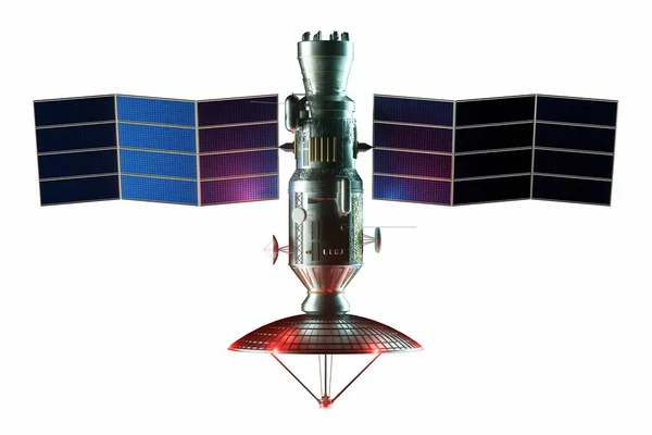 Ruimtesatelliet Met Schotelantenne Zonnepanelen Geïsoleerd Een Witte Achtergrond Telecommunicatie Hogesnelheidsinternet — Stockfoto