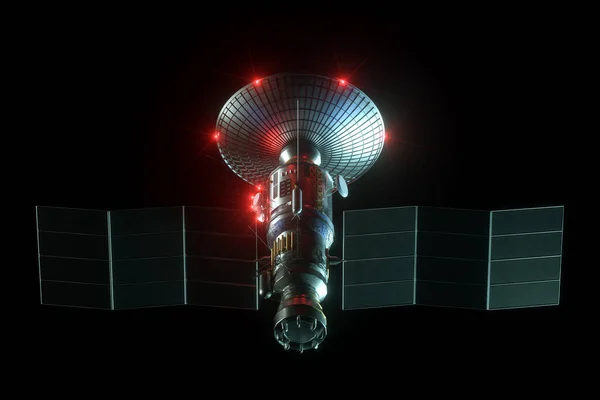 Space satellite with dish antenna and solar panels isolated on black background. Telecommunications, high-speed Internet, sounding, space exploration. 3D render, 3D illustration, copy space