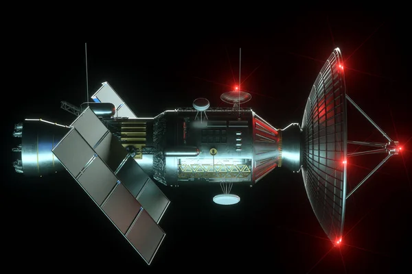 Space satellite with dish antenna and solar panels isolated on black background. Telecommunications, high-speed Internet, sounding, space exploration. 3D render, 3D illustration, copy space