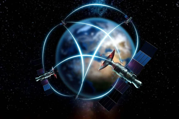 Space satellite with antenna and solar panels in space against the background of the earth. Telecommunications, high-speed Internet, space exploration. mixed medium, copy space. image furnished by NASA.