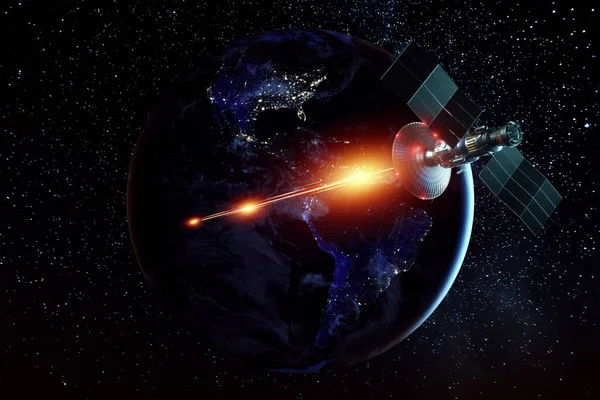 Space Military Satellite Weapon Space Shoots Laser Background Earth Attack — Stock Photo, Image