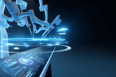 Robot cerrah, robot ekipman. Minimum invaziv cerrahi yenilik ve üç boyutlu genel bakış. Teknoloji, tıbbın geleceği, cerrah. 3B görüntüleme, 3B illüstrasyon
