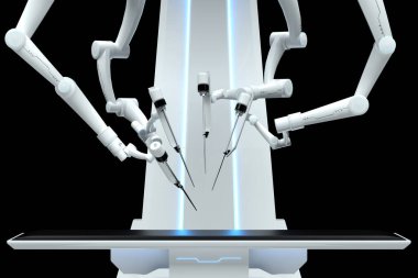 Robot cerrah, robot ekipman, karanlık arka planda izole edilmiş manipülatörler. Teknolojiler, tıbbın geleceği, ameliyat. 3B görüntüleme, 3B illüstrasyon