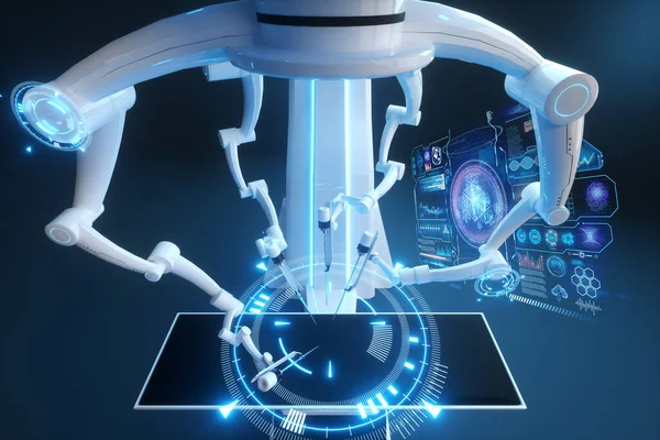 Robot cerrah, robot ekipman. Minimum invaziv cerrahi yenilik ve üç boyutlu genel bakış. Teknoloji, tıbbın geleceği, cerrah. 3B görüntüleme, 3B illüstrasyon