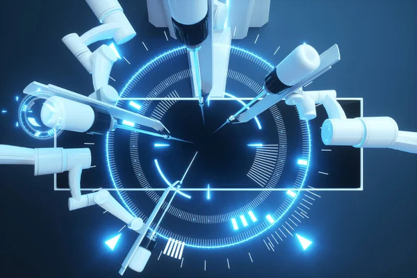 Robot cerrah, robot ekipman. Minimum invaziv cerrahi yenilik ve üç boyutlu genel bakış. Teknoloji, tıbbın geleceği, cerrah. 3B görüntüleme, 3B illüstrasyon