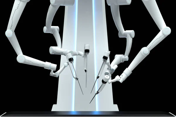 Robot surgeon, robotic equipment, manipulators isolated on a dark background. Technologies, future of medicine, surgery. 3D render, 3D illustration