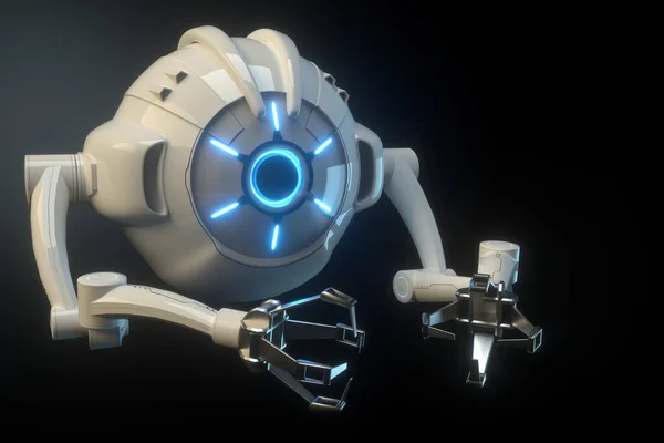 sci fi flying drone with camera or futuristic assembly machine isolated on black background. Future technologies, artificial intelligence. 3D render, 3D illustration