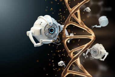 Nanoteknoloji Genetik Mühendisliği ve DNA moleküllerini modifiye etmek için nanorobotların kullanımı. Tıbbi konsept, geleceğin tıp teknolojisi. 3B illüstrasyon, 3B canlandırma