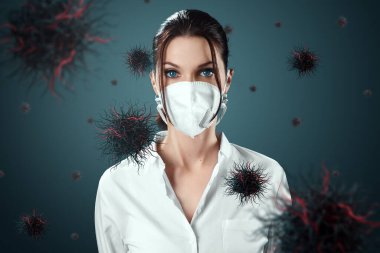 Maskeli kız, havada uçuşan virüs parçalarından korunuyor. Coronavirus, COVID-19, tecrit, karantina, salgın kontrol, salgın hastalık. Karışık ortam