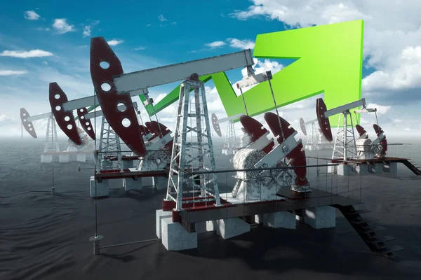 Oljepump Oljerigg Industriell Oljeproduktion Stående Fältet Stigande Oljepriser Grön Pil — Stockfoto