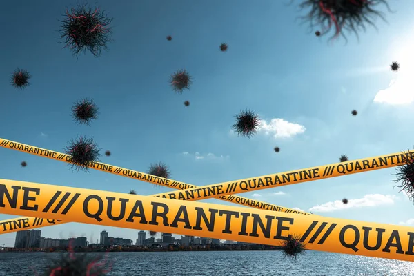 Karantina Barrier Kuning Pita Dilarang Isolasi Coronavirus Gambar Kota Ini — Stok Foto