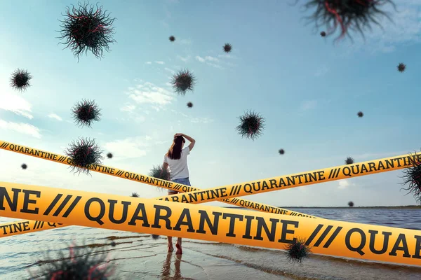 Quarantine Barrier Yellow Forbidden Tape Isolation Coronavirus Young Girl Beach — Stock Photo, Image