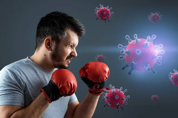 Samiec Boksera Rękawiczkach Walczy Cząsteczkami Wirusa Covid Koncepcja Pandemii Szczepionka — Zdjęcie stockowe