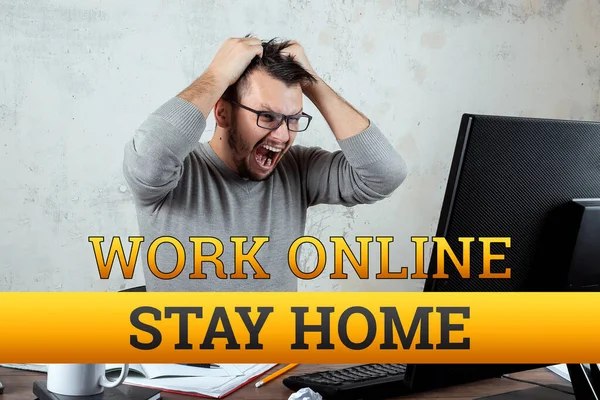 Quarantine Inscription Sit Home Work Online Isolation Coronavirus Man Works — Stock Photo, Image