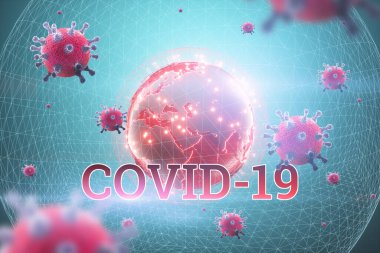 Dünya 'nın arka planına karşı Coronavirus parçacıkları. Karantina, salgın hastalık, aşı, kriz kavramı. 3B görüntüleme, 3D resimleme, kopyalama alanı