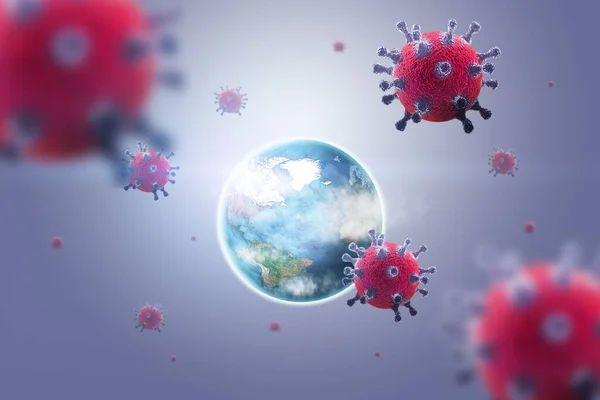 Particles of Coronavirus against the background of the Earth. The concept of quarantine, pandemic, vaccine, crisis. 3D rendering, 3D illustration, copy space