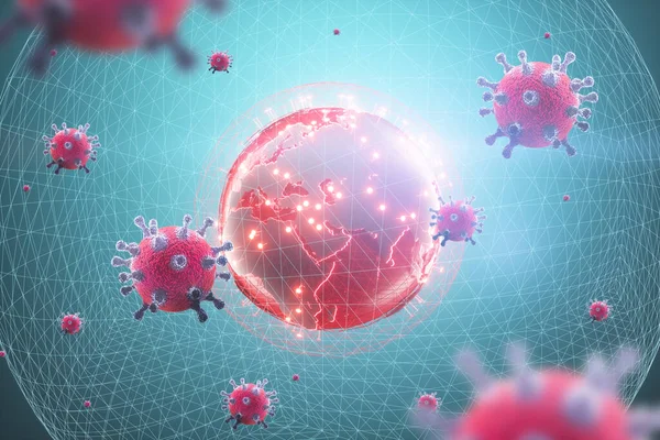 Partículas Coronavírus Contra Fundo Terra Conceito Quarentena Pandemia Vacina Crise — Fotografia de Stock