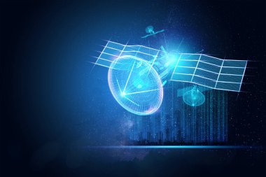 Hologram bilgi uydusu, telekomünikasyon. Küreselleşme, ağ, hızlı internet, iletişimde yeni teknolojiler. 3B görüntüleme alanını kopyala