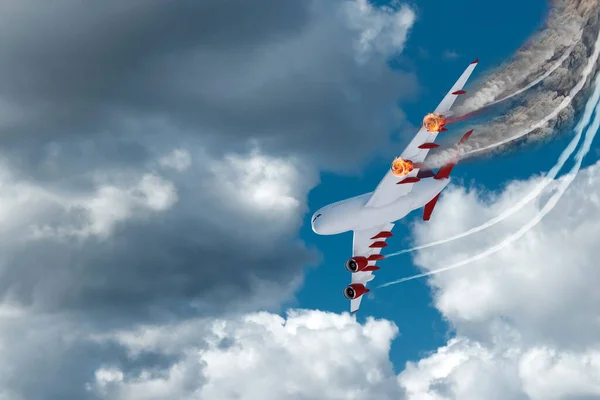Passagierflugzeug Stürzt Mit Brennenden Triebwerken Das Konzept Eines Flugzeugabsturzes Eines — Stockfoto