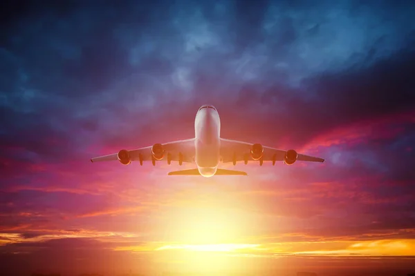 Passenger Plane Airliner Flies Backdrop Beautiful Sunset Travel Concept Air Stock Picture