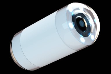 Endoskopi için kapsül boyutunda kamera siyah arkaplanda izole edildi. Tıp konsepti, yüksek teknoloji, mide hastalığı, sindirim sistemi hastalığı. 3B görüntüleme, 3B resimleme