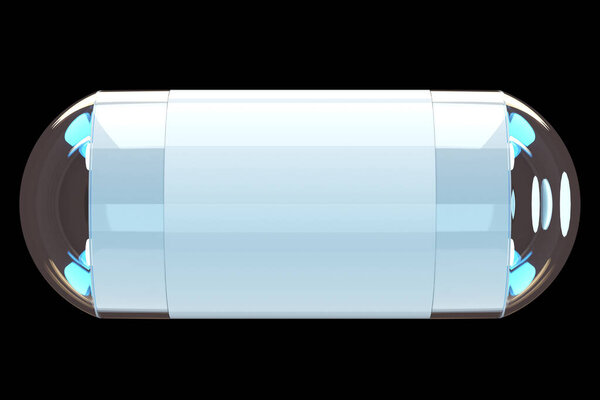 Capsule size camera for endoscopy isolated on black background. The concept of medicine, high technology, stomach disease, digestive tract disease. 3D rendering, 3D illustration